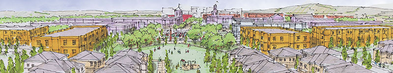General Plan header image of a proposed town drawing in green, orange, purple, and red.
