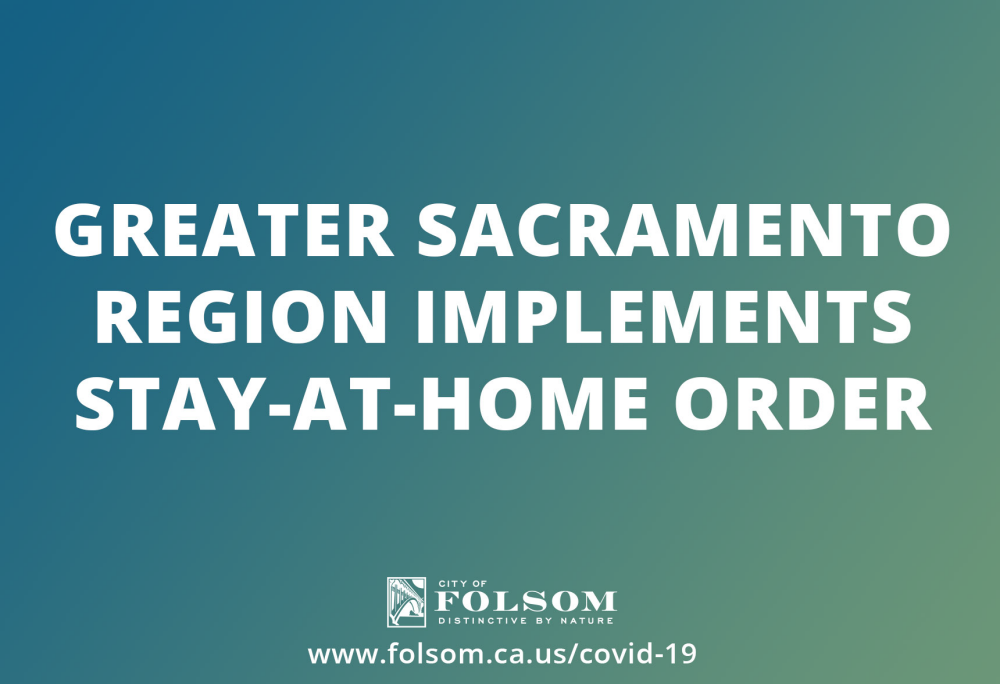 greater sacramento region/county stay-at-home order extended with a white logo and website on a blue and green gradient background