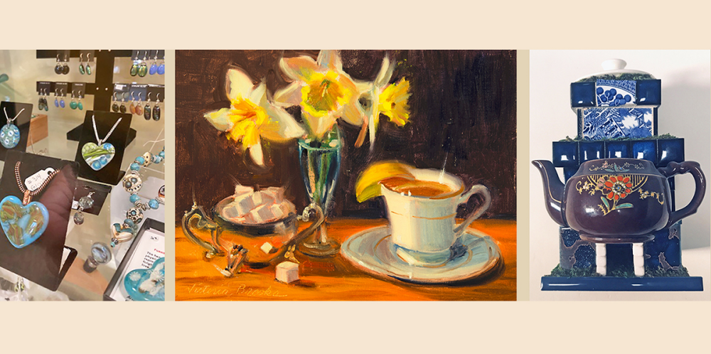 Gallery Items for Sale, three images on a beige background, from left to right: handmade jewelry on display; a painting of lilies, sugar cubes, and a cup of lemon tea, and a dark blue antique tea pot