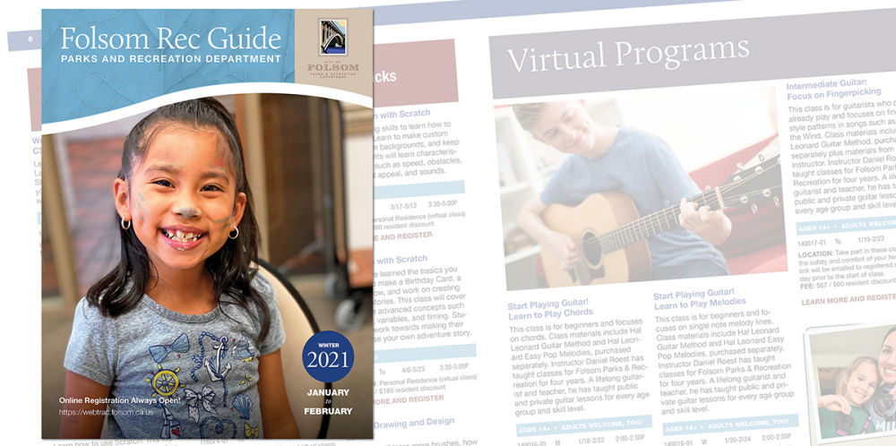 Rec Guide Graphic for ENews showing an example cover on the left for the season of winter 2021 with a young girl with face paint smiling and a semi transparent image of the guide pages in the background
