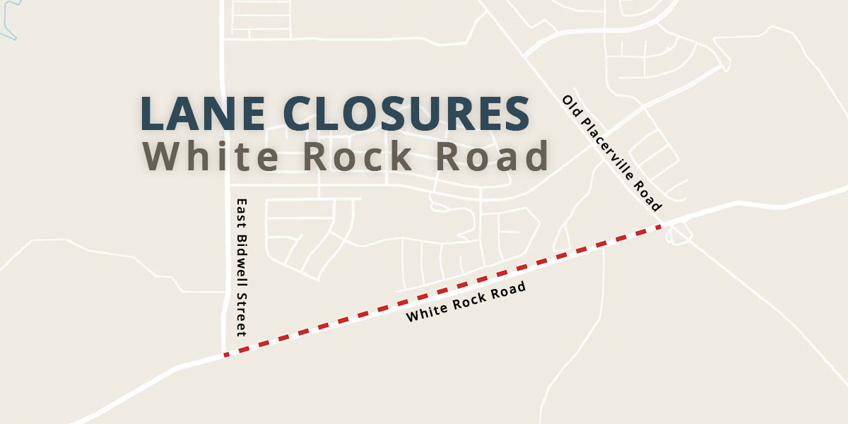 road closure White Rock Road graphic in blue and gray text with a map of the closed area as the background image.
