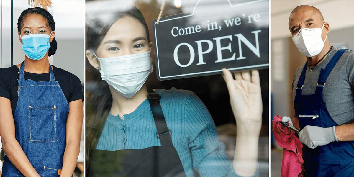 stock image of 3 workers wearing masks and reopening their businesses.