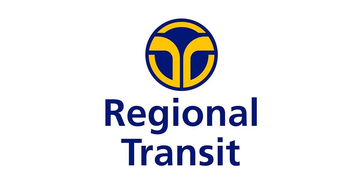 Regional transit stacked colored logo in blue and yellow on a white background