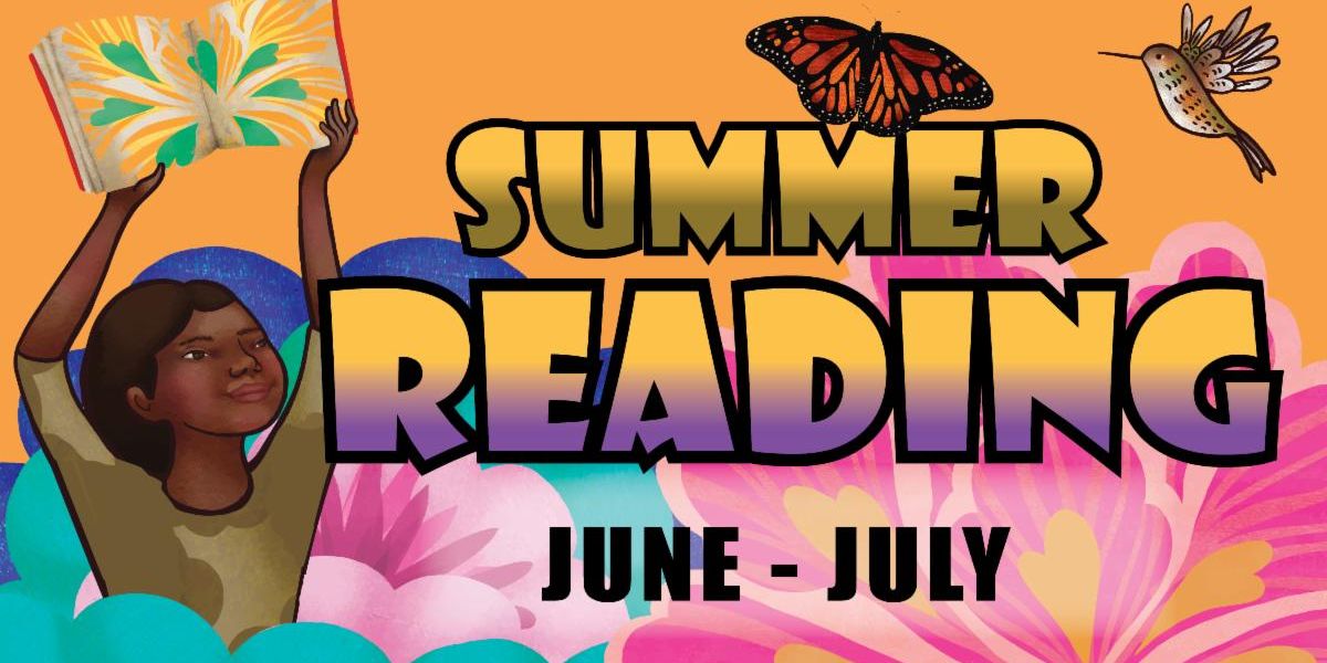 Summer Reading June-July 2021 program with flowers, butterflies, hummingbirds, and a girl holding up a book above her head promotional image for digital TV 
