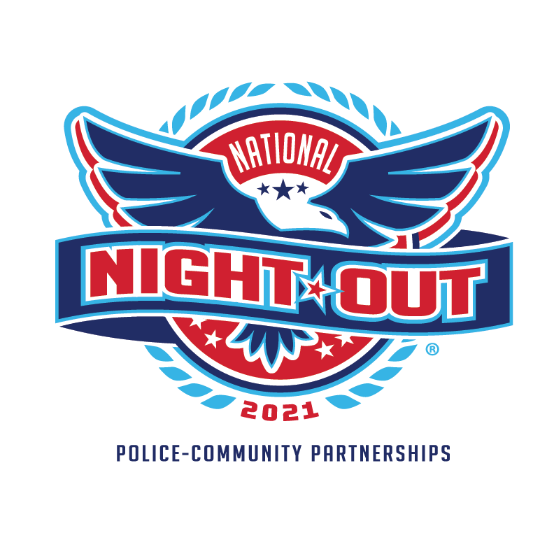 National Night Out 2021 Police-Community Partnerships logo in light blue, dark blue, and red on a white background