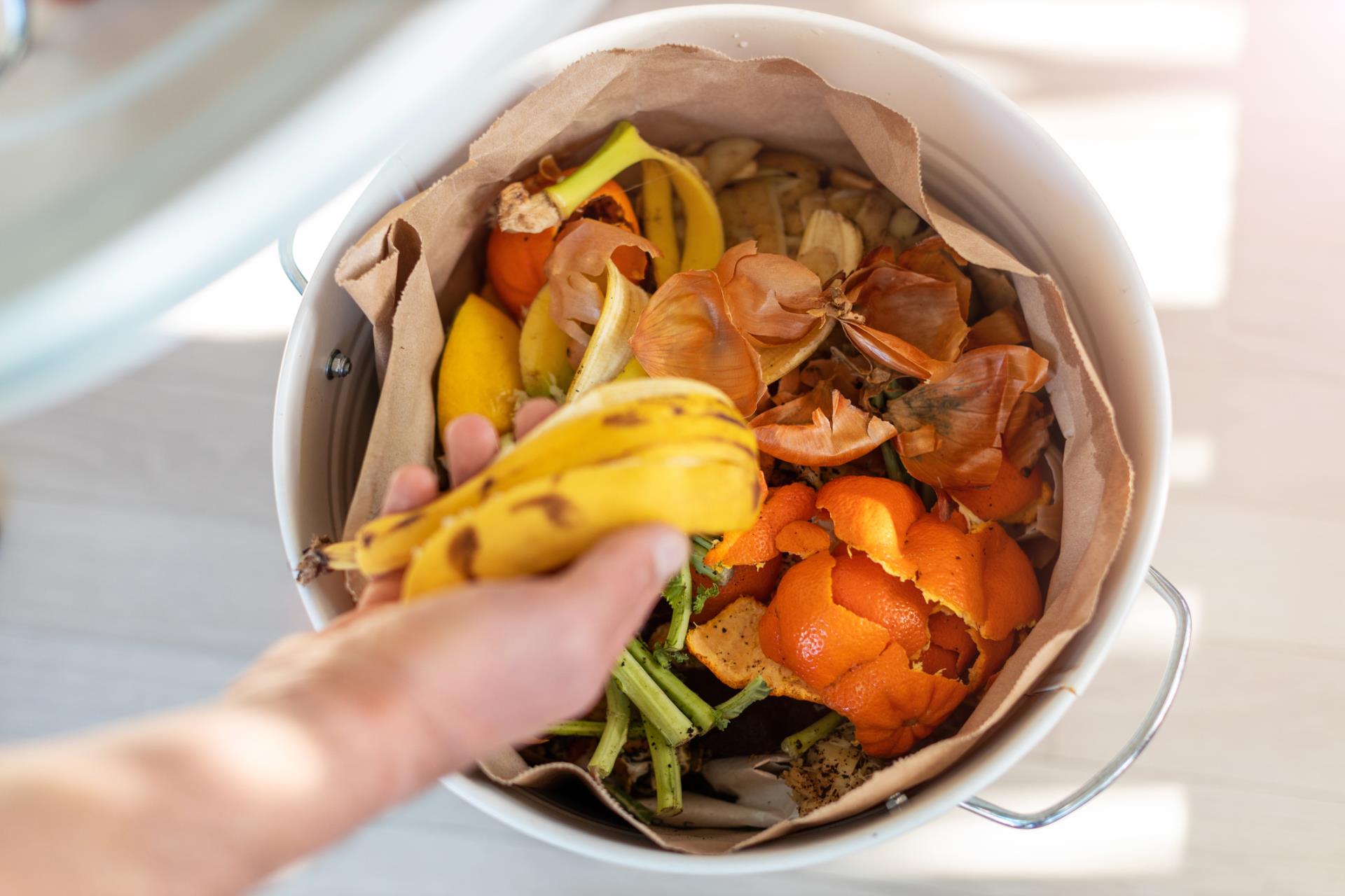 Getty Images of a bin with a paper bag filled with food waste and a hand throwing in a banana peel
