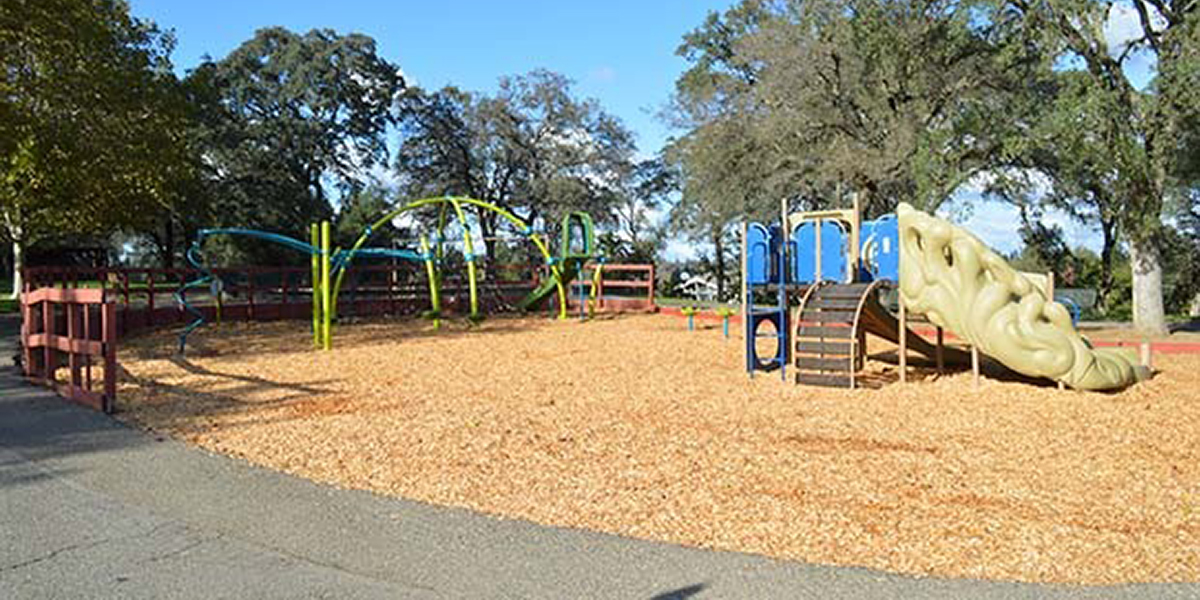 Lew Howard Park Photo of the play structures on a bark area with several large trees surrounding the play area