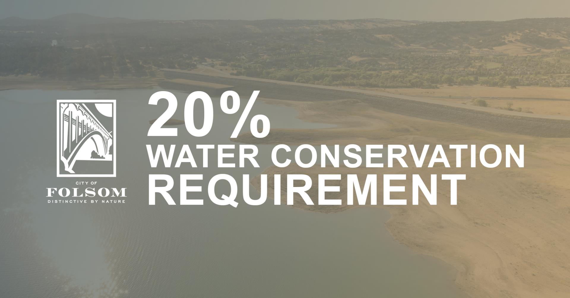 Emergency Graphics 2020 20 percent water conservation requirement and white city of folsom logo with a gray overlay on top of an aerial shot of the lake