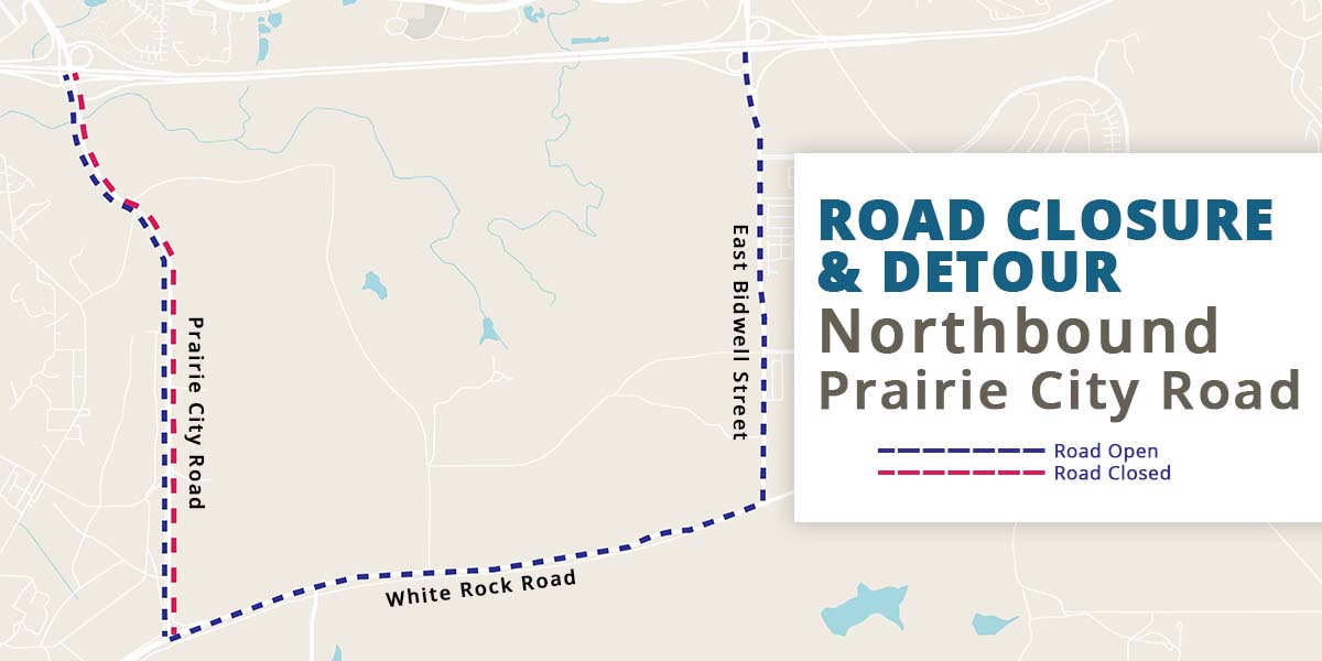 Prairie City road closure and detour map graphic