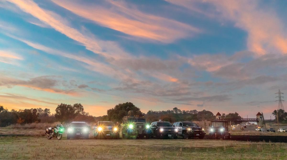 pd grant image of all police vehicles lined up next to each other with johnny cash bridge, trees, and a blue sky with pink clouds in the background