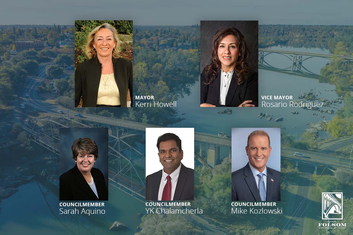 Mayor Vice Mayor 3 councilmembers 2022 headshots graphic with a blue overlay over an aerial shot of rainbow and truss bridge and the historic district in the background