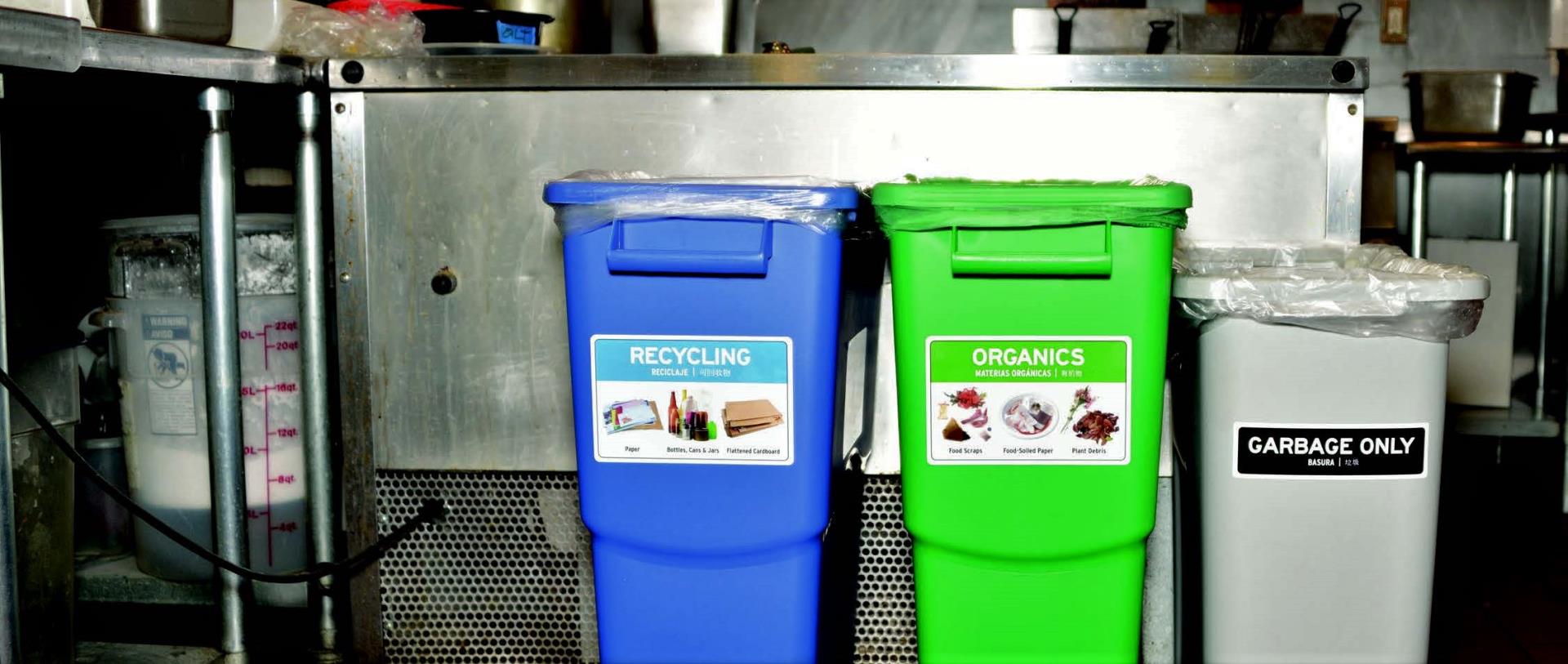 Indoor Recycling Bins for Commercial Businesses. 3 separate bins for recycling (blue), organics (green), and garbage (Gray) bins lined up next to each other