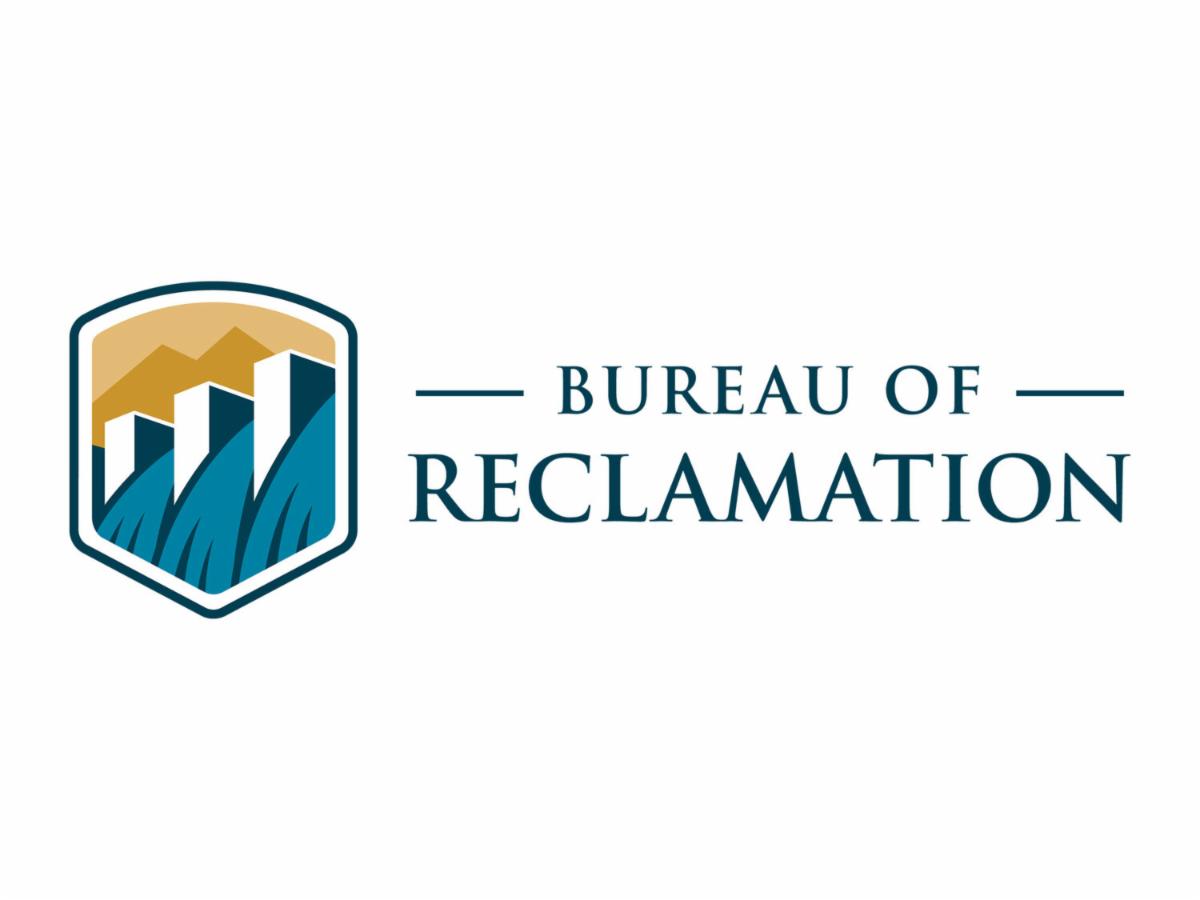 bureau of reclamation logo on the left with their name to the right of the colored logo, showing an image of a dam in their logo in blue, white, and yellow