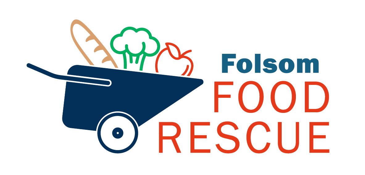 Food Rescue Logo in blue and red text with an image of a navy blue wheelbarrow holding bread, broccoli, and an apple 