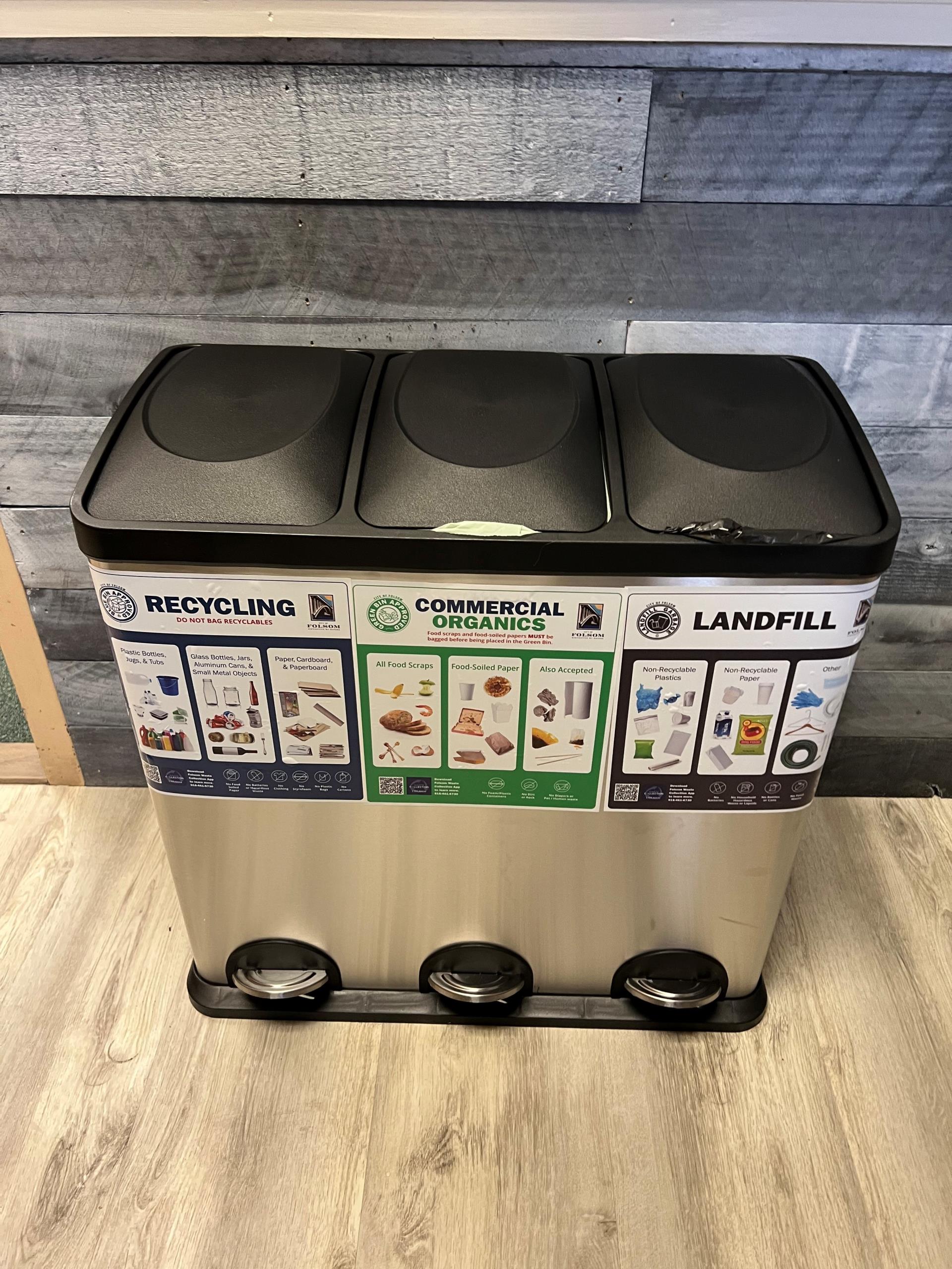 SB 1383 Separation bins for recycling, commercial organics and landfill