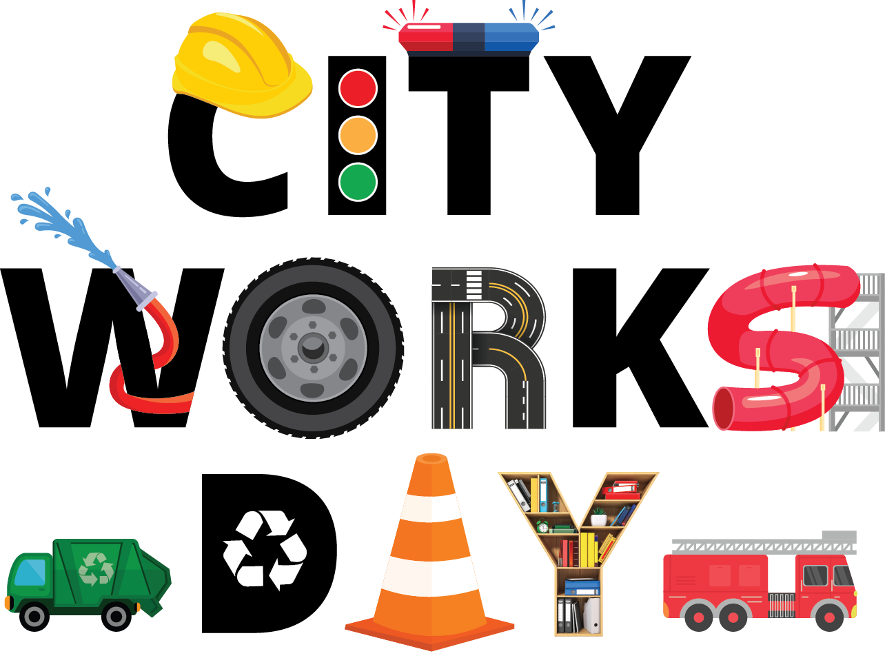 City Works Day Logo includes animations of a garbage truck and firetruck