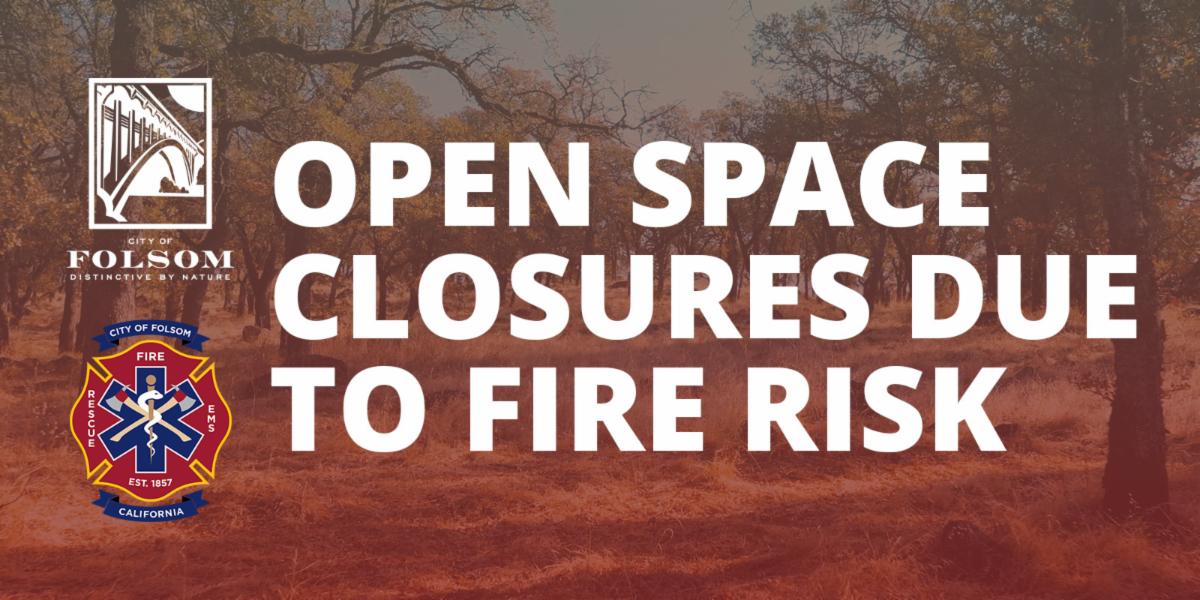 Fire Emergency Open Space closure due to fire risk warning with trees in the background and a red gradient overlay with the COF and FD logo on the left