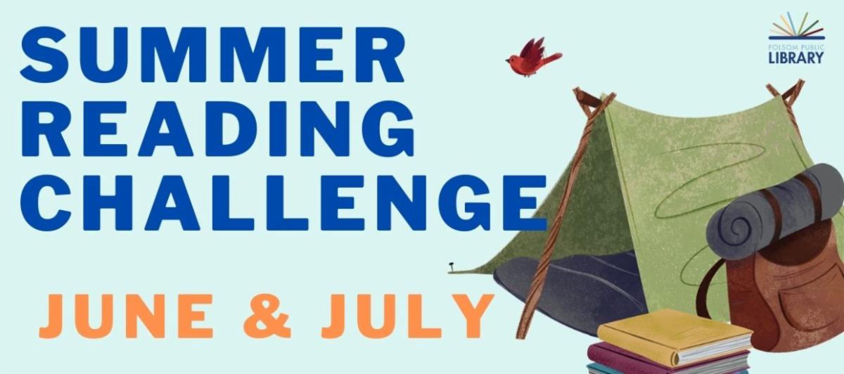 Summer Reading program 2022 Beanstack banner with a light blue background and an image of a tent with books and the Folsom Public Library logo in the upper righthand corner