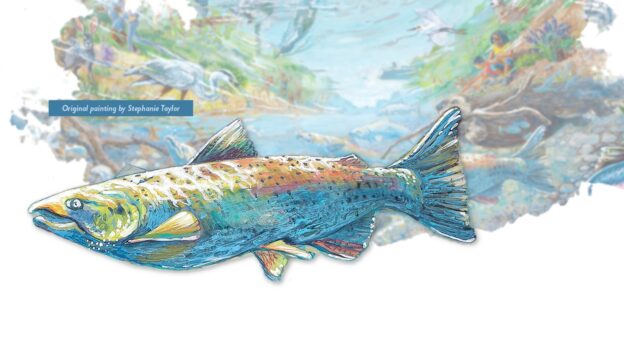 Site-Banner-Fish-only water color vibrant fish swimming in the water with a crane and person looking into the water