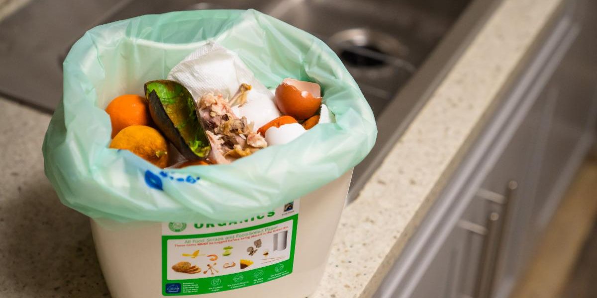 Kitchen Organics beige pale with an organics graphic sticker and food waste like chicken bones, avocado skin, oranges, egg shells, and white soiled paper towel in the bin to be dispensed