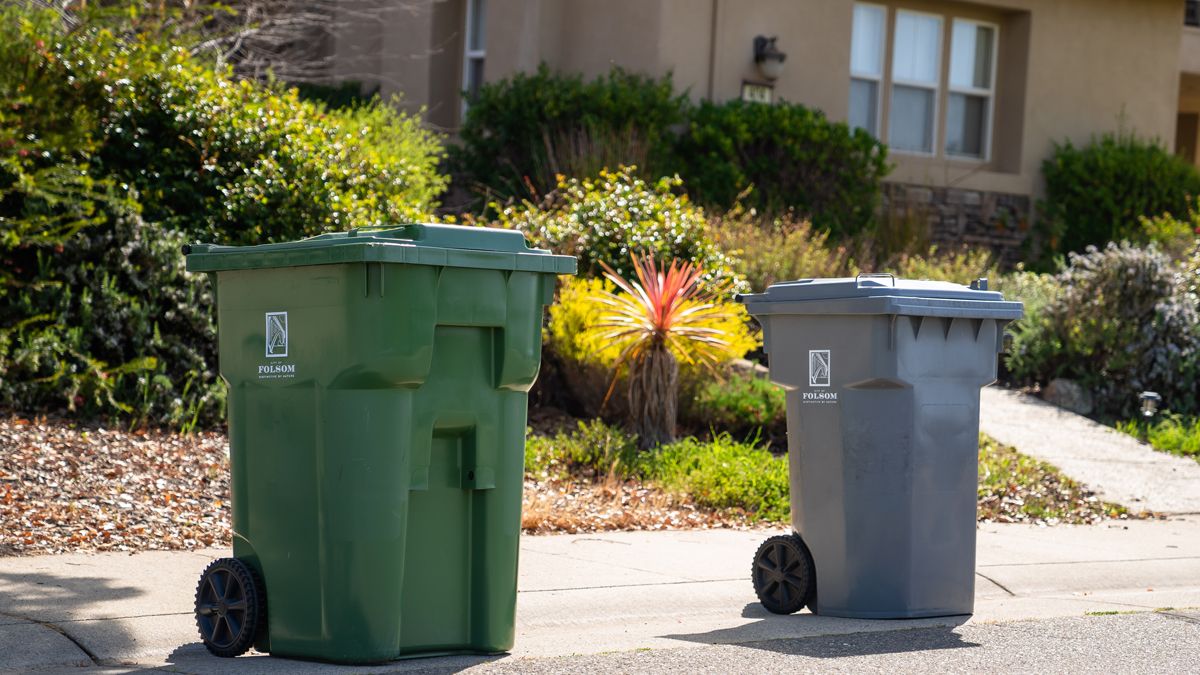 a green organics bin and grey waste bin at the curb ready to be picked up by a refuse truck